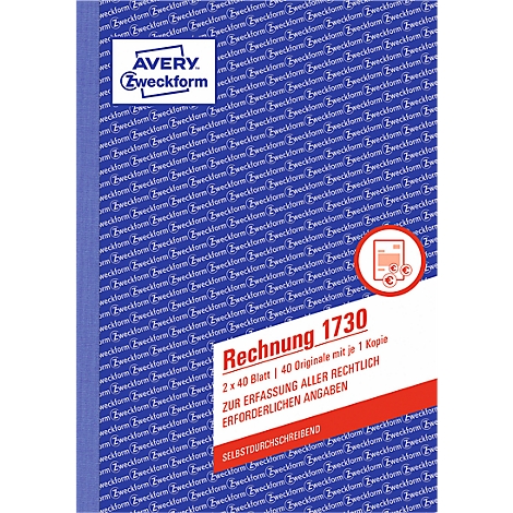 A book titled 'Invoice 1730' from the brand Avery Zweckform. A repeating pattern of 'Zweckform' is visible on a blue background.