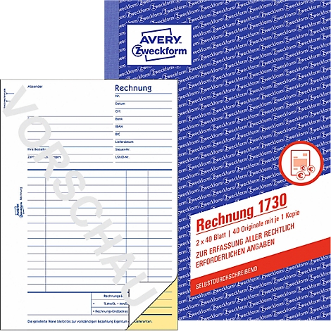 A white invoice form with a blue Avery Zweckform cover. The form shows fields for various invoice information.