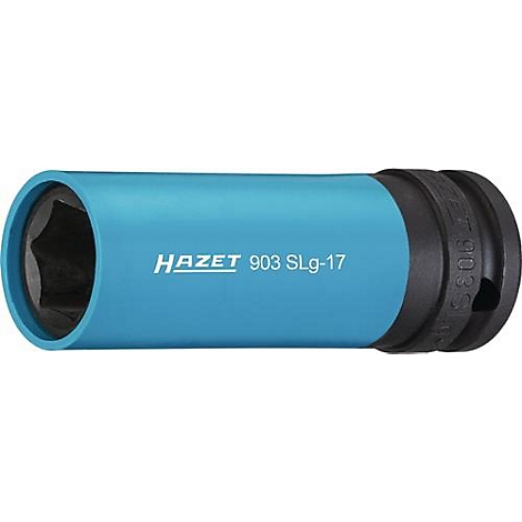 Blauwe en zwarte HAZET-dop. Zeshoekige opening links, HAZET 903 SLg-17 opschrift in het midden, zwarte houder rechts.