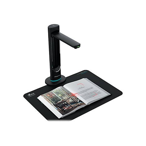 Ein schwarzer Dokumentenscanner scannt ein auf einem schwarzen Pad liegendes offenes Buch.