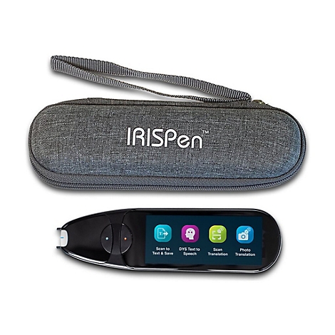 Schwarzer IRISPen-Scanner und graues Etui. Auf dem Display sind Scan-Optionen abgebildet.