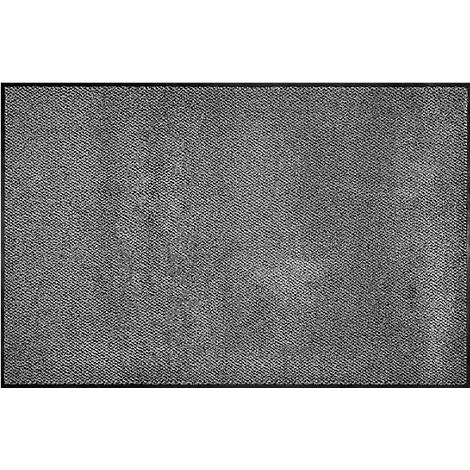 Grey rug with woven texture and black frame.