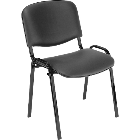 Black stacking chair with backrest and armrests against a neutral background.