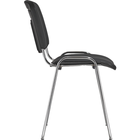 Black chair, side view, metal frame, padded seat and backrest.