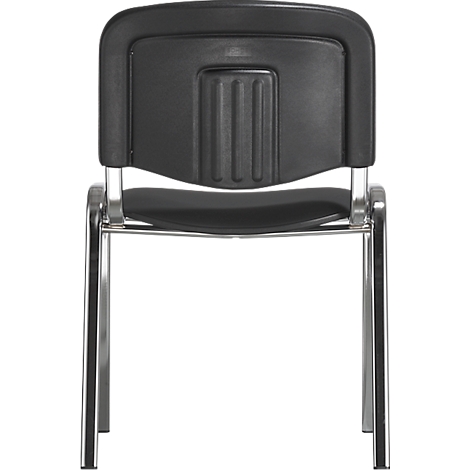 Black office chair, back with vertical grooves, chrome frame, close-up.