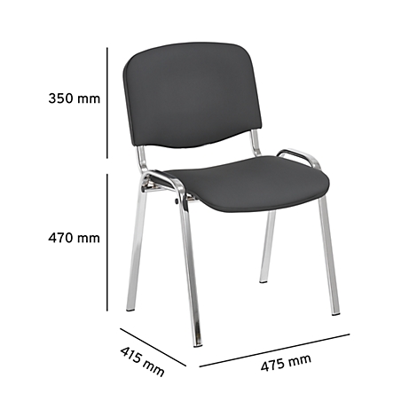 A chair with a black seat and back, silver legs and armrests, with dimensions.