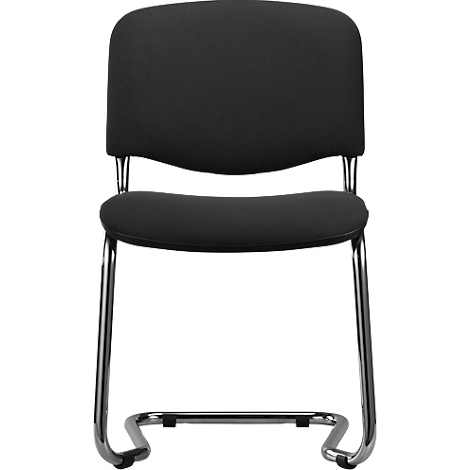 Black conference chair against a neutral background. The chair has a padded seat and backrest, as well as a chrome metal frame.