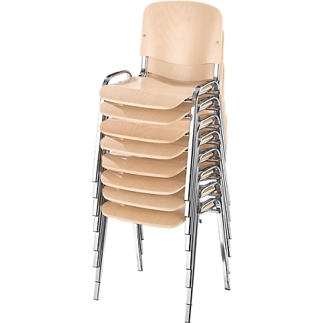 Stacked chairs with light wood seats and chrome metal frames.