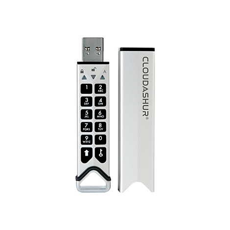 Ein silberner USB-Stick mit numerischer Tastatur und dem Schriftzug CLOUDASHUR.
