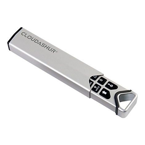 Silberfarbenes Cloudashur-Sicherheitsgerät mit Tastatur und Knöpfen.