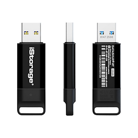 Drei Ansichten eines schwarzen USB-Sticks mit weißem Schriftzug und blau-gelben Akzenten.