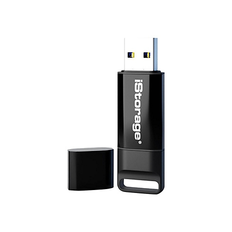 Schwarzer USB-Stick mit abgenommener Kappe. Auf dem Stick steht 'iStorage'.