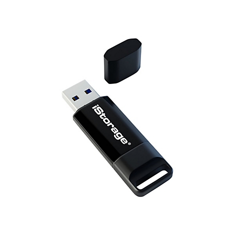 Ein schwarzer USB-Stick mit abgenommener Kappe. Auf dem Stick steht in weißer Schrift 'iStorage'.