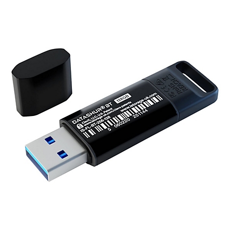 Schwarzer USB-Stick mit abgenommener Kappe. Aufschrift DATASHUR® BT, 128GB.