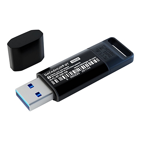 Ein schwarzer USB-Stick mit abgenommener Kappe auf weißem Hintergrund. Der Stick ist mit Text beschriftet, darunter "DATASHUR® BT 128GB".