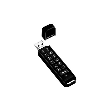 Schwarzer USB-Stick mit Tastatur, Kappe daneben. Ziffern und Symbole auf der Oberfläche.
