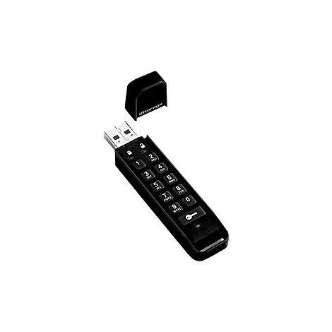 Schwarzer USB-Stick mit Tastatur, Kappe daneben. Ziffern und Symbole auf der Oberfläche.