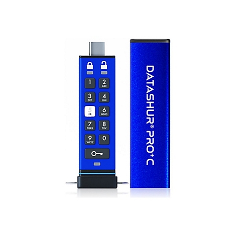 Blauer USB-Stick mit Tastatur, daneben eine Hülse mit Schriftzug DATASHUR PRO+C.