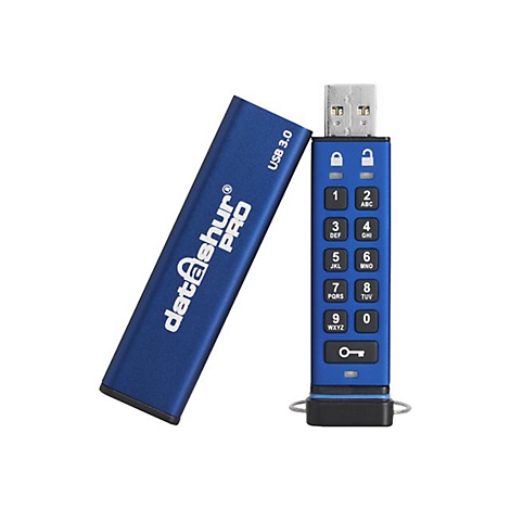 Blauer USB-Stick mit Tastatur, weißer Schrift und 'datashur PRO' Logo.