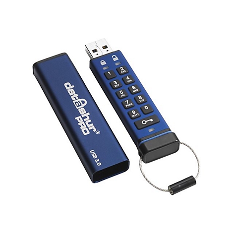 Blauer USB-Stick mit Tastatur, Schlüsselanhänger und Deckel, offen.