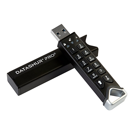 Schwarzer USB-Stick mit numerischer Tastatur und dem Schriftzug DATASHUR PRO2.