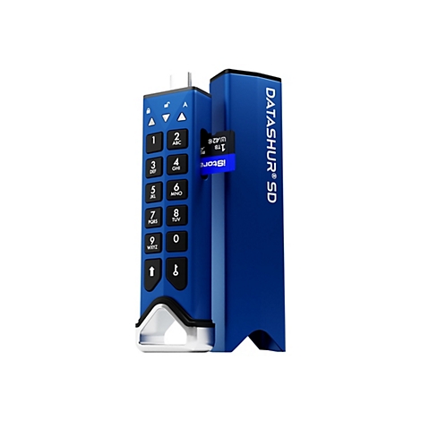 Blauer, verschlüsselter USB-Stick mit numerischer Tastatur und SD-Karten-Slot.