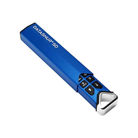 Blaues Datashur® SD-Gerät mit Tastenfeld und silbernem Ring. Aufschrift: DATASHUR® SD.