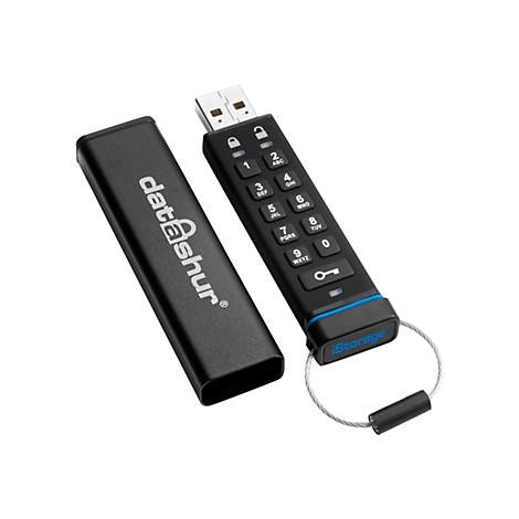 Schwarzer USB-Stick mit Tastatur, Gehäuse daneben. Auf dem Stick steht "dataAshur", auf der Tastatur Zahlen und Buchstaben.