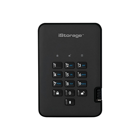 Schwarzes iStorage-Gerät mit Tastatur und blau markierten Ziffern. Oben steht iStorage.