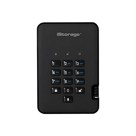 Schwarze Festplatte mit Ziffernfeld. Oben steht iStorage™. Auf der Tastatur sind Ziffern und Buchstaben.