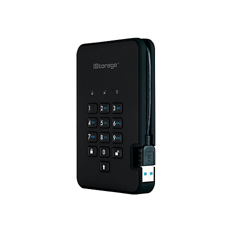 Schwarze Festplatte mit Zifferntasten, USB-Anschluss, Marke iStorage.
