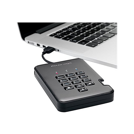 Schwarze Festplatte mit Tastatur und Laptop verbunden.