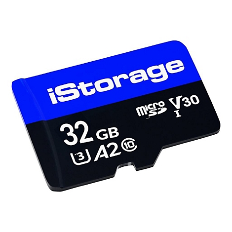 Eine blaue und schwarze Micro-SD-Karte mit dem Aufdruck "iStorage" und Speicherkapazität 32GB.