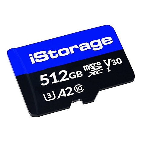 Eine blaue und schwarze Micro-SD-Karte mit weißen Schriftzügen. Auf der Karte steht "iStorage" und "512GB".