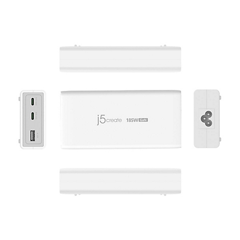 Plusieurs vues d'un chargeur blanc avec le logo 'j5create' et '185W GaN', ainsi que des ports.