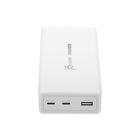 Chargeur blanc avec ports, étiqueté : j5create 185W GaN. Avec 3 ports : PD 140W, PD 45W et 12W.