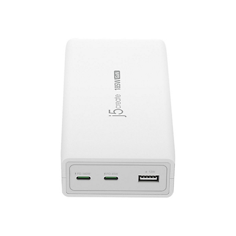 Chargeur blanc avec inscription "j5create 185W GaN", ports pour PD 140W, PD 45W et 12W.
