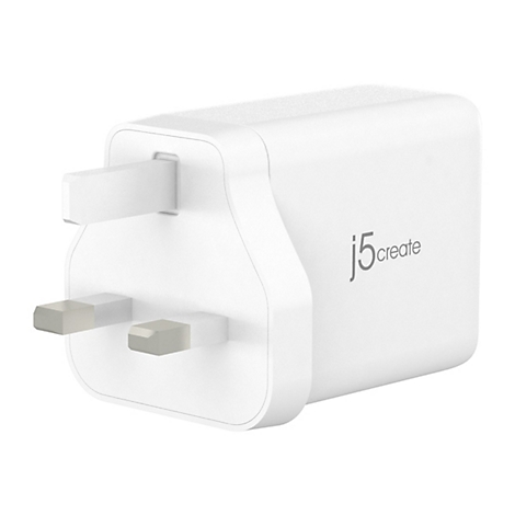 Un adaptateur secteur blanc avec trois broches. Le côté indique "j5create" en lettres grises.