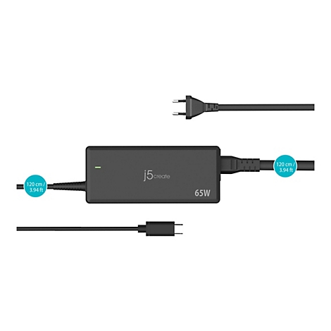 Un adaptateur secteur noir avec câbles et prises. "j5create 65W" est sur l'adaptateur. Des autocollants indiquent la longueur du câble.