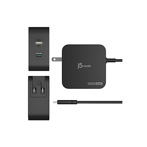 Vue aérienne d'un chargeur noir et de ses pièces. Inscription : j5create, 102W GaN, PD 20W.