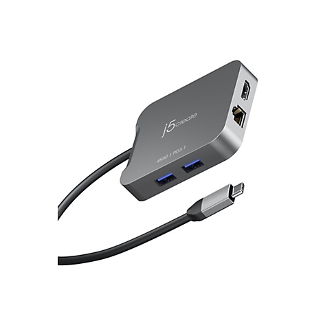 Grauer USB-C-Hub mit verschiedenen Anschlüssen, Logo „j5create“.