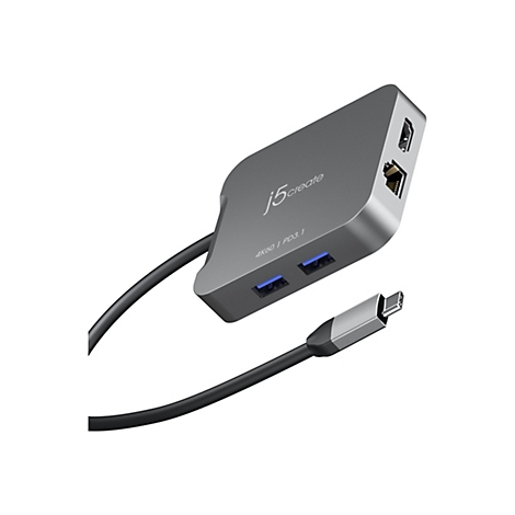 Grauer USB-C-Hub mit Kabel und Anschlüssen, Herstellerlogo 'j5create'.