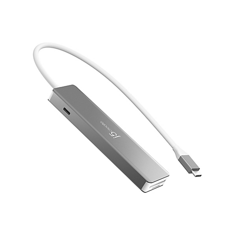 Ein silberner USB-C-Adapter mit weißem Kabel, isoliert auf weißem Hintergrund.