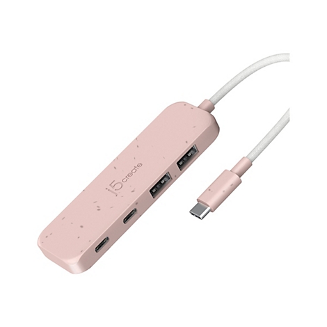 Un hub USB-C rose avec différents ports et un câble blanc. "j5create" est imprimé sur le hub.