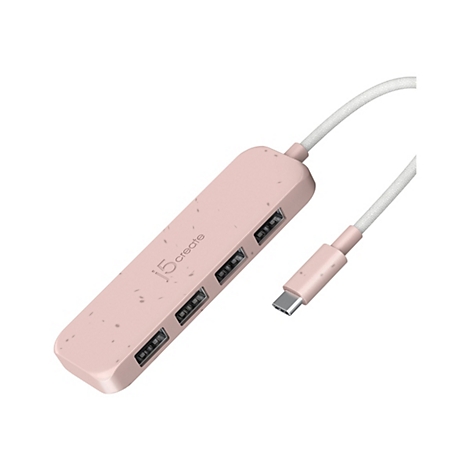 Ein rosafarbener USB-Hub mit drei USB-A-Anschlüssen und einem USB-C-Anschluss. Das Kabel ist weiß. Auf dem Hub steht „j5 create“.