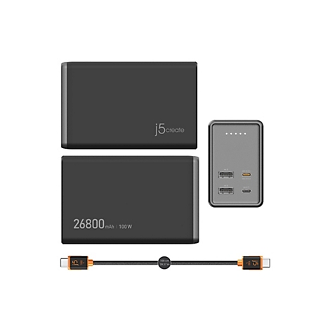 Mehrere Perspektiven einer schwarzen Powerbank mit Logo, Anschlüssen und Ladekabel.