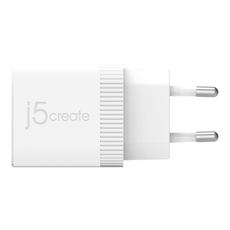 Weißes Ladegerät mit dem Aufdruck "j5create". Stecker und Gehäuse sind kantig gestaltet.