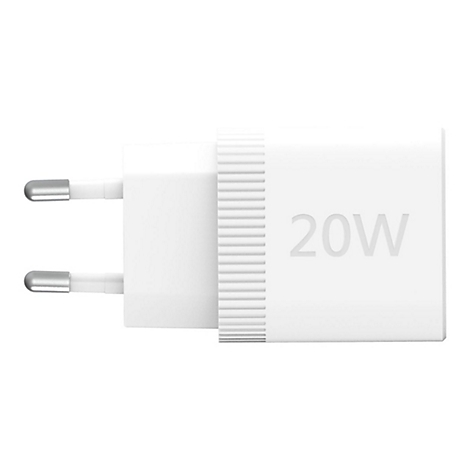 Adaptateur secteur blanc avec impression 20W, deux broches et embouts argentés.