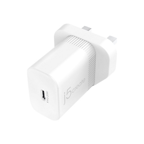 Chargeur blanc avec prise britannique, port USB-C, inscriptions "j5create" et "PD 20W".