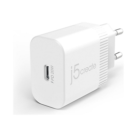 Weißes Netzteil mit USB-C-Anschluss, Aufdruck "j5create" und "PD 20W".